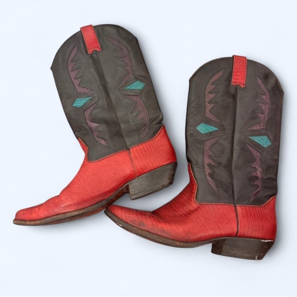 Vintage Red & Black Western Cowboy Boots w/ Teal Inlay – Women’s 8 - Picture 7 of 7